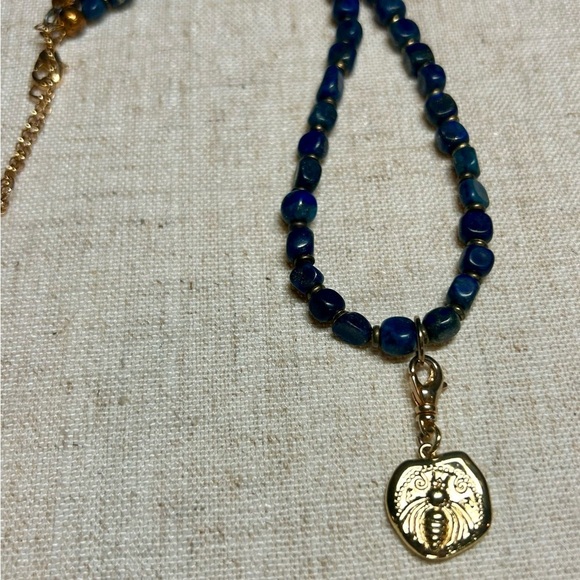 Handmade Jewelry - Lapis Blue Beaded Bee Charm Necklace - Boho Statement Jewelry